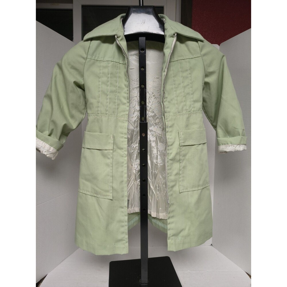 Vtg 1970s Kids Mod Trench Coat Jacket Sage Green Zip Up Utility Style EX-5271